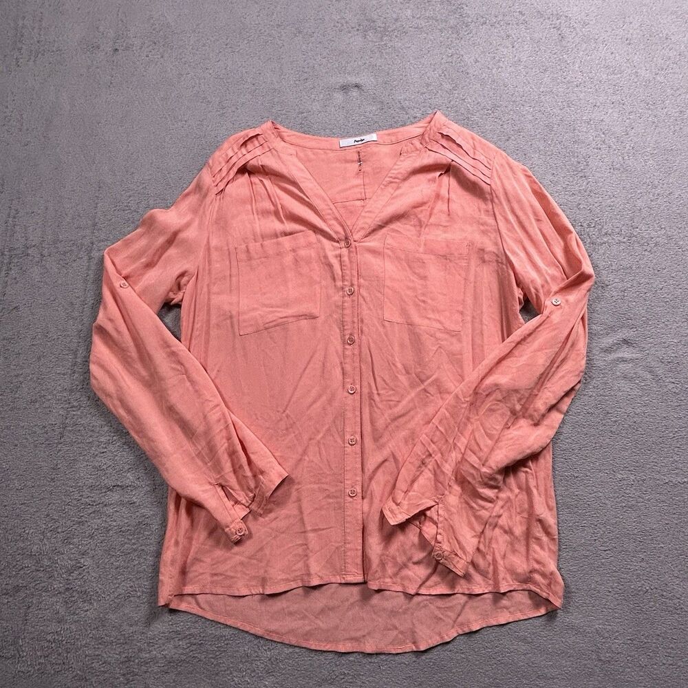 Papaya Button Down Blouse Womens Medium Peach Coral Rayon Roll Tab Sleeve Boho